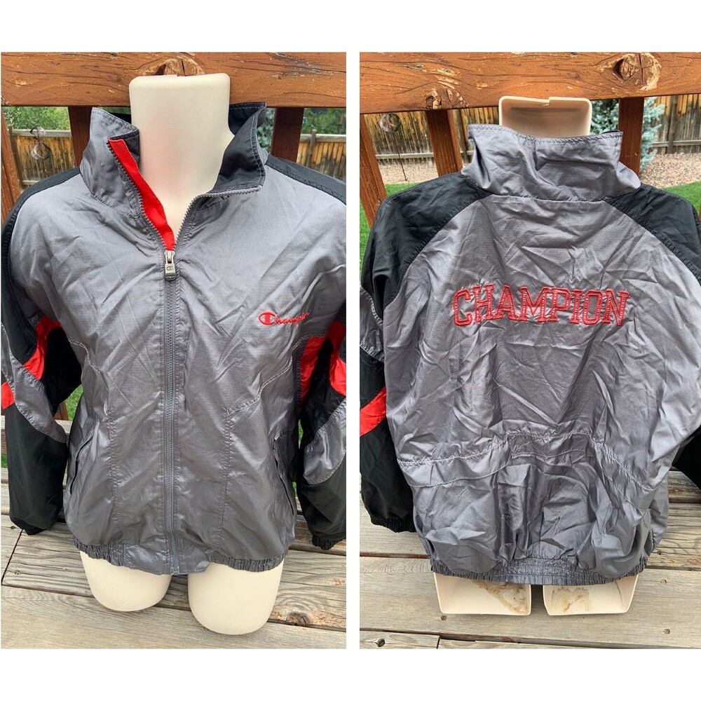 Vintage CHAMPION Men's L Windbreaker Jacket Spell Out Gray/Black/Red